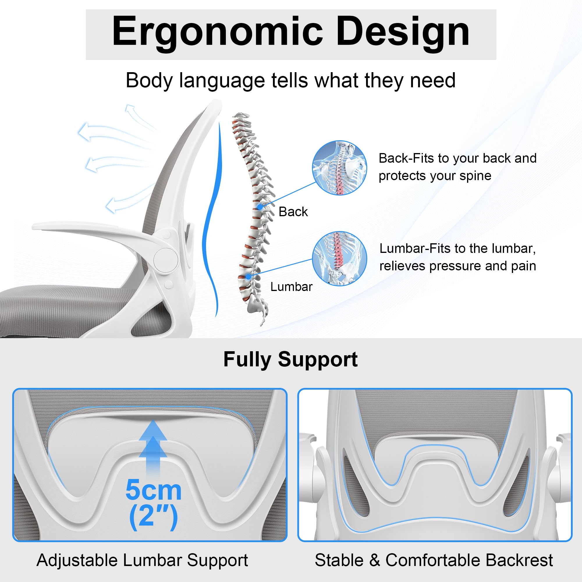 Drafting Chair Tall Office Chair with Flip-up Armrests, Adjustable Height, and Enhanced Lumbar Support - Ergonomic Rolling Stool, Back Support, and Adjustable Foot Rest Ring for Standing Desk Gray
