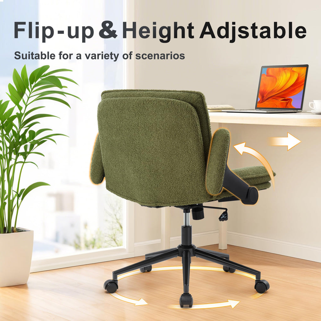 Criss Cross Legged Office Chair with Wheels and Flip-Up Arms, Ergonomic Wide Seat Desk Chair with Thick Padded, Height Adjustable Criss Cross Chairs for Home Office, Bedroom,Vanity,Green