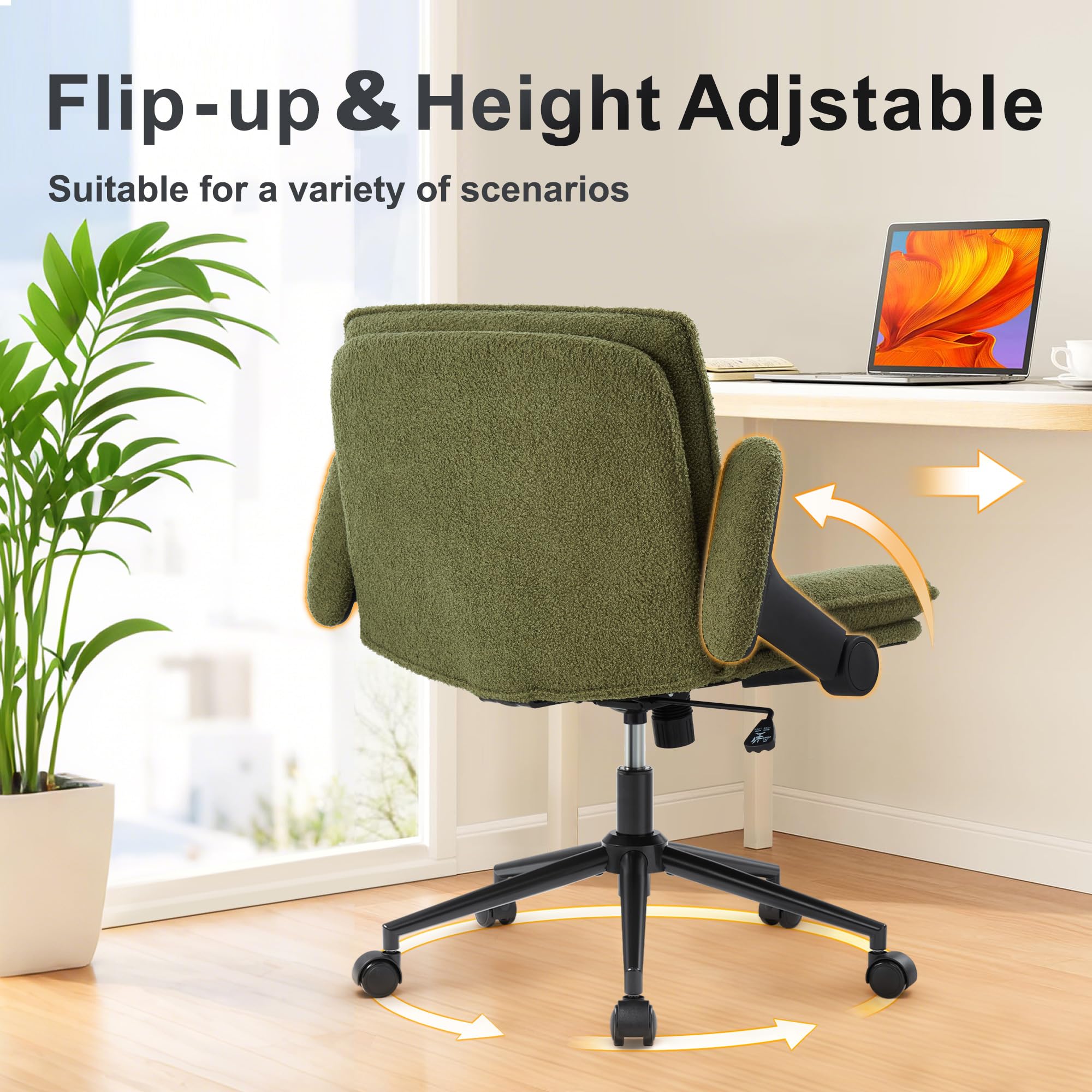 Criss Cross Legged Office Chair with Wheels and Flip-Up Arms, Ergonomic Wide Seat Desk Chair with Thick Padded, Height Adjustable Criss Cross Chairs for Home Office, Bedroom,Vanity,Green