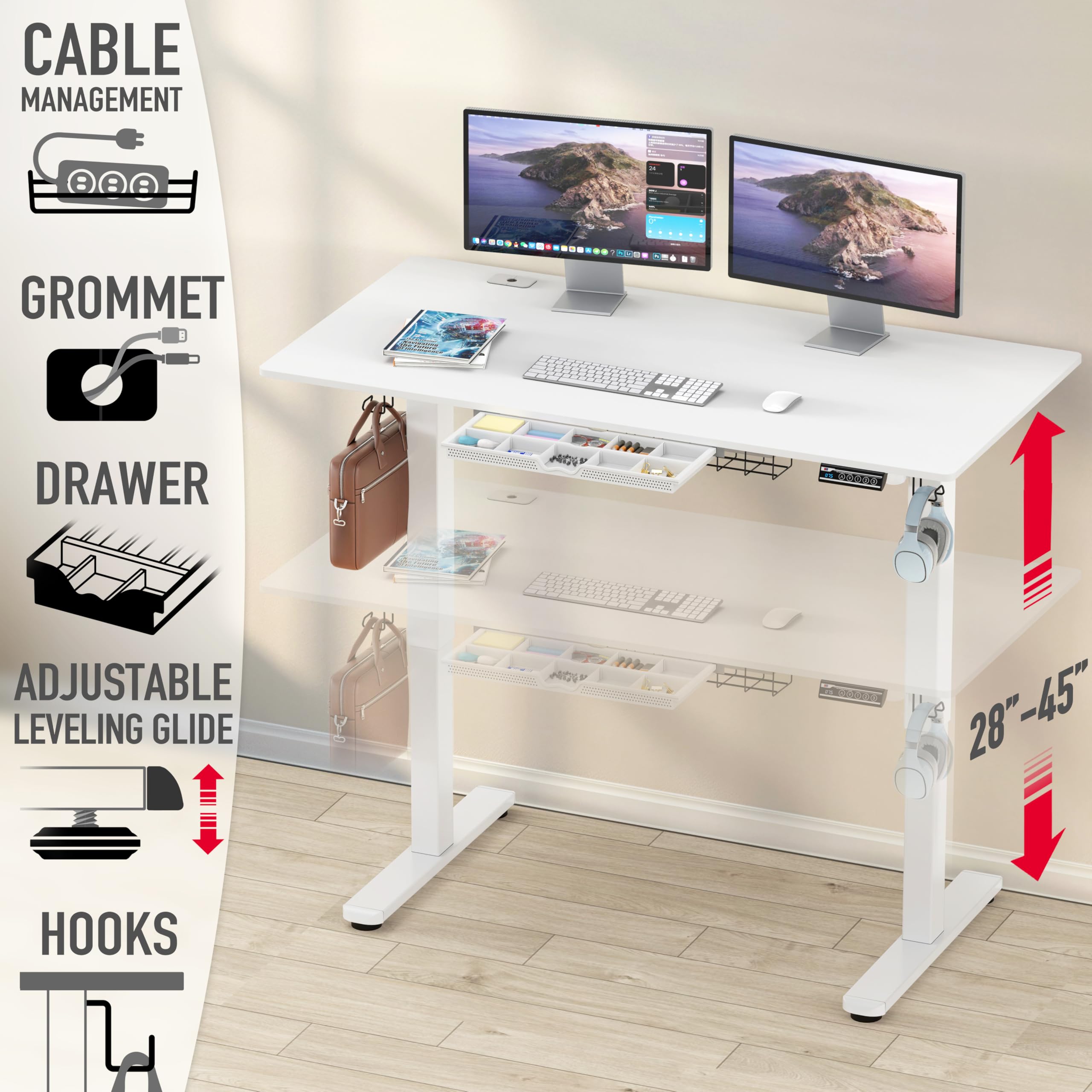 55 x 28 Inches Electric Height Adjustable Standing Desk with Drawer and Memory Preset, White