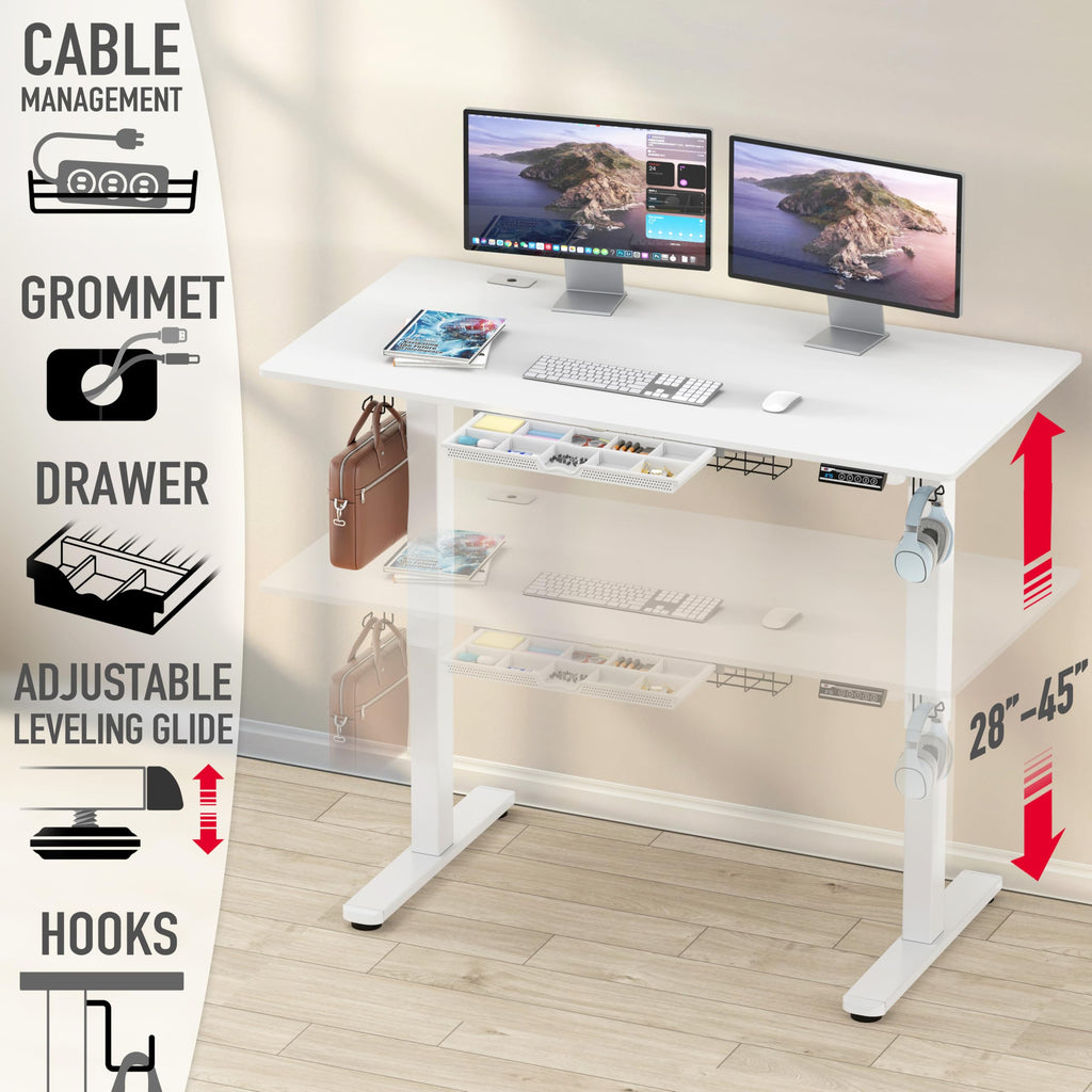 55 x 28 Inches Electric Height Adjustable Standing Desk with Drawer and Memory Preset, White