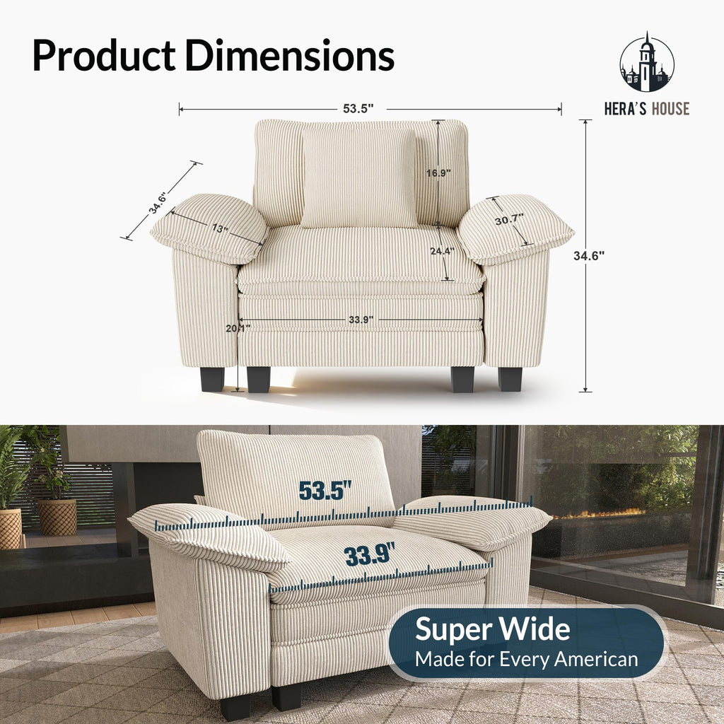 54" Modular Sectional Sofa Couches for Living Room, Comfy Cloud Couch 1-Seater Deep Seat Sofa with Throw Pillow, Corduroy Beige
