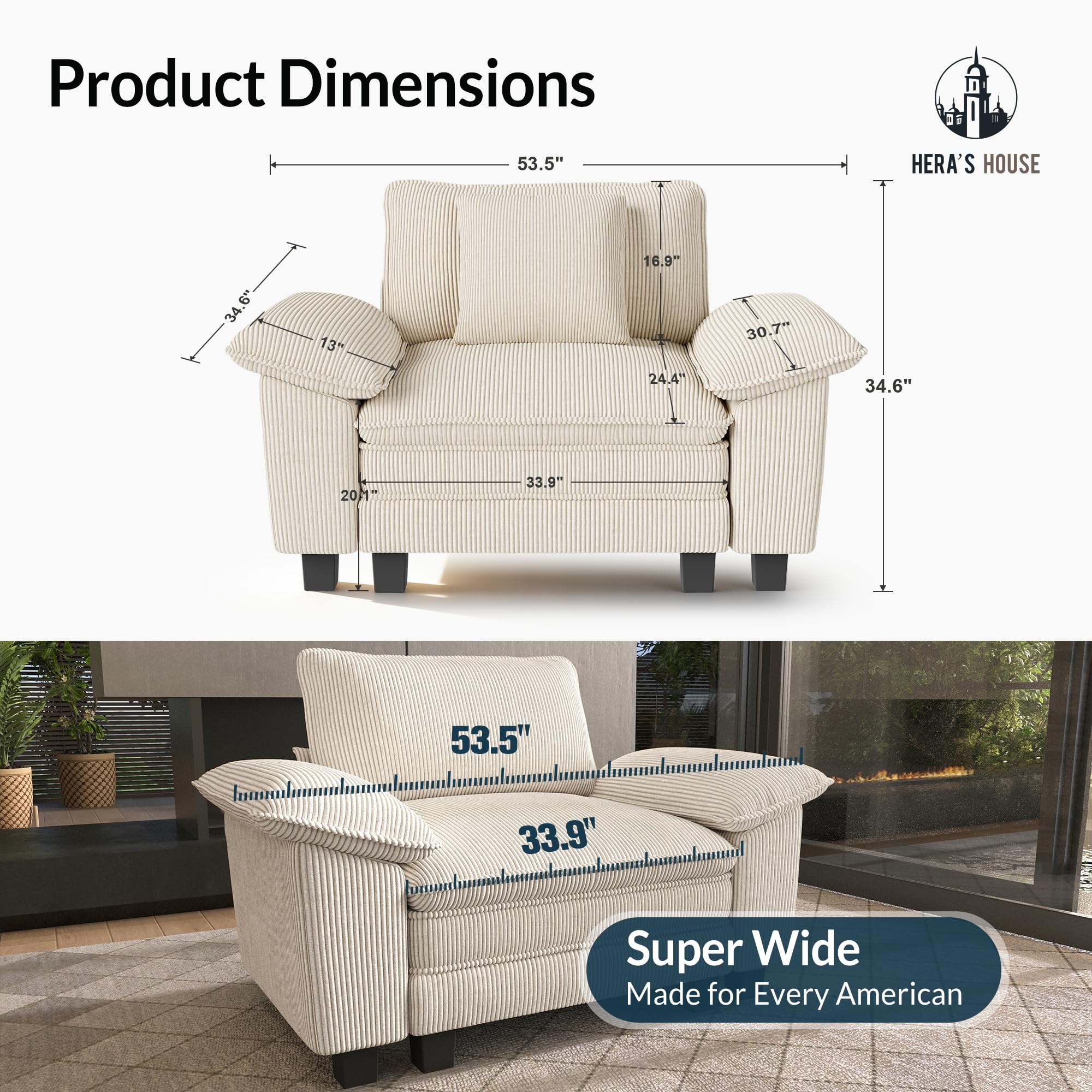 54" Modular Sectional Sofa Couches for Living Room, Comfy Cloud Couch 1-Seater Deep Seat Sofa with Throw Pillow, Corduroy Beige