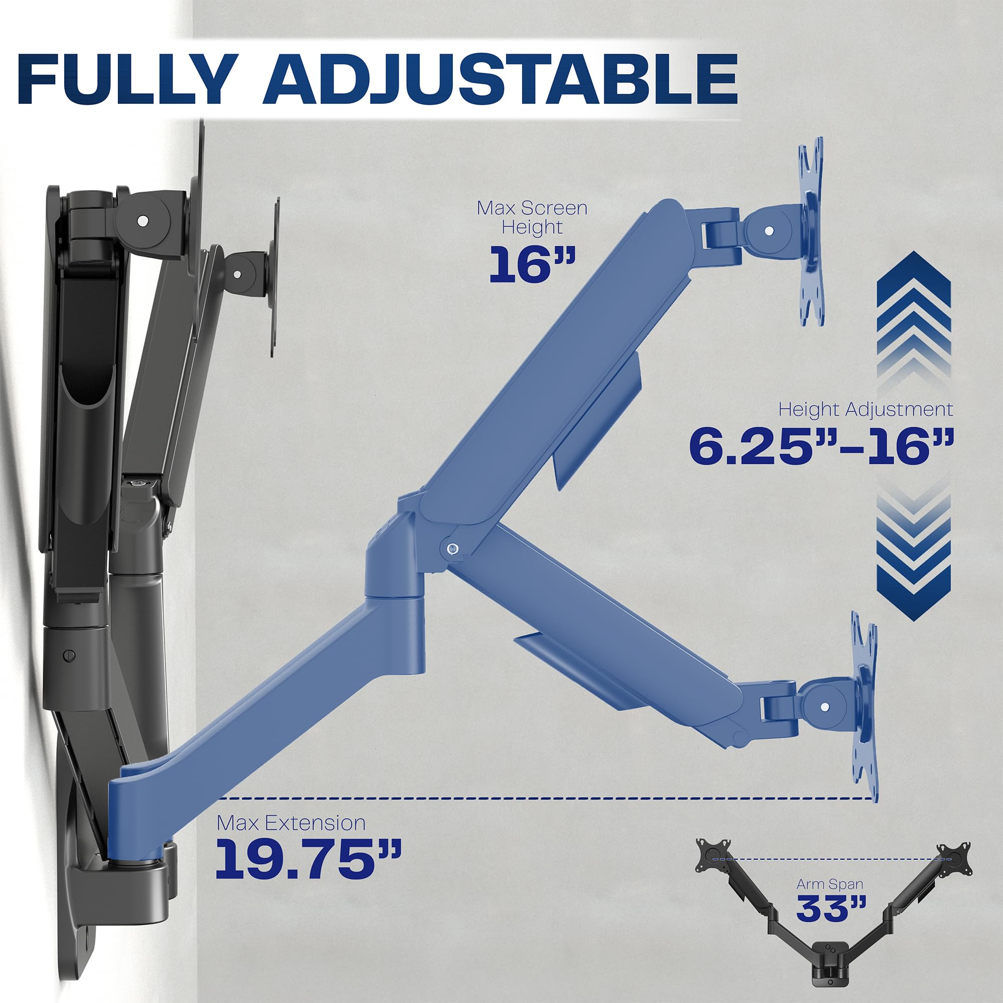 Height Adjustable Pneumatic Extended Arm Dual Monitor Wall Mount Full Motion Articulating, Fits 2 Screens 17 to 27 inches, Black, MOUNT-V002G