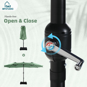 15ft Double Sided Patio Umbrella with Solar Lights, Outdoor Large Umbrellas with Crank Handle and 36 LED Lights, Rectangular Market Umbrella with Base Included for Deck Pool Shade, Mint Green
