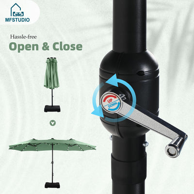 15ft Double Sided Patio Umbrella with Solar Lights, Outdoor Large Umbrellas with Crank Handle and 36 LED Lights, Rectangular Market Umbrella with Base Included for Deck Pool Shade, Mint Green