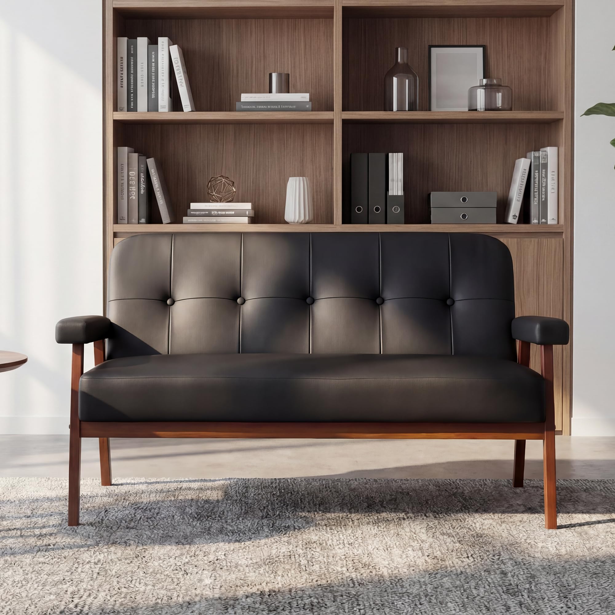 50”W Black Faux Leather Small Office Couch Loveseat Sofa with Wood Arms, Mid Century Modern Love Seat Sofas Lounge Armchair Living Room Bedroom (Black (loveseat))