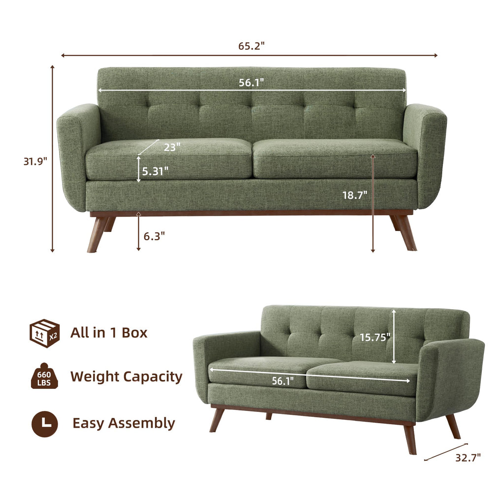 65.2" W Loveseat Sofa, Mid Century Modern Decor Love Seat Couches for Living Room, Button Tufted Upholstered Furniture, Solid & Easy to Install Small Couch for Bedroom Office Apartment, Green