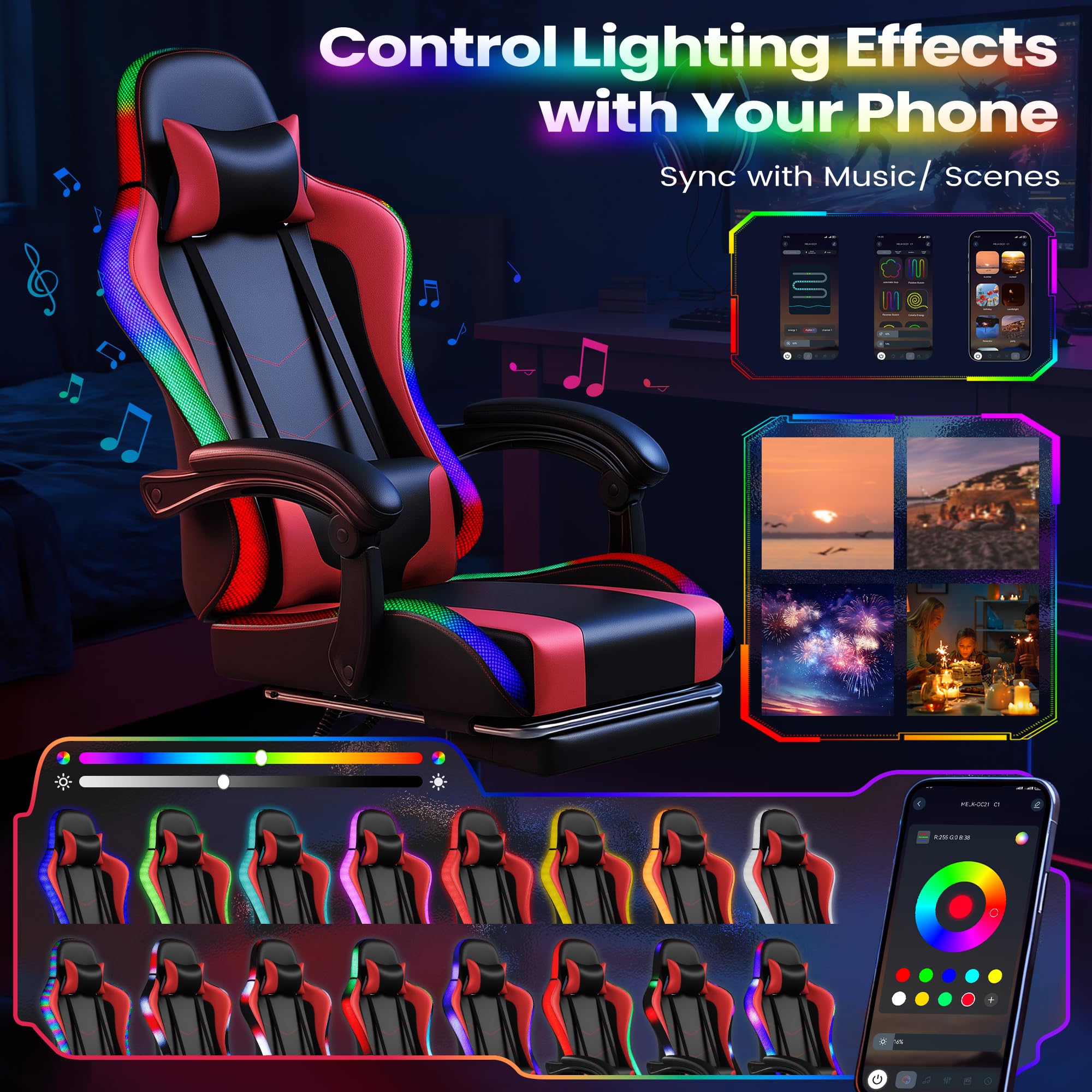 Gaming Chair, Video Game Chair with Footrest and Massage Lumbar Support, Ergonomic Computer Chair Height Adjustable with Swivel Seat and Headrest (RGB Red)