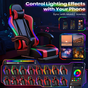 Gaming Chair, Video Game Chair with Footrest and Massage Lumbar Support, Ergonomic Computer Chair Height Adjustable with Swivel Seat and Headrest (RGB Red)