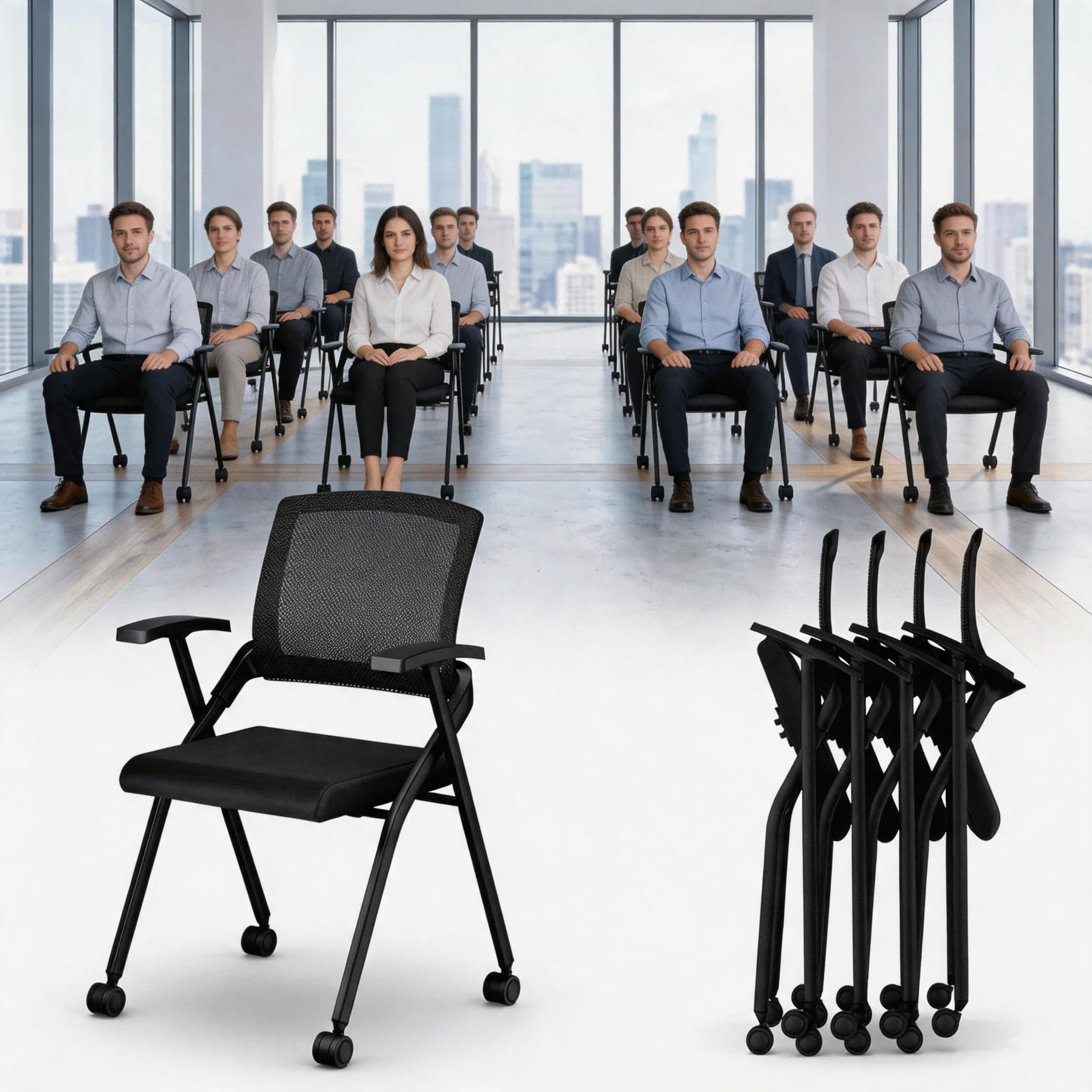 50 Pcs,Folding Office Chair with Wheels - Mobile Mesh Back Conference Room Chair with Padded Seat, Foldable & Stackable for Meeting Room, Training, Seminar,Classroom School & Office - Black