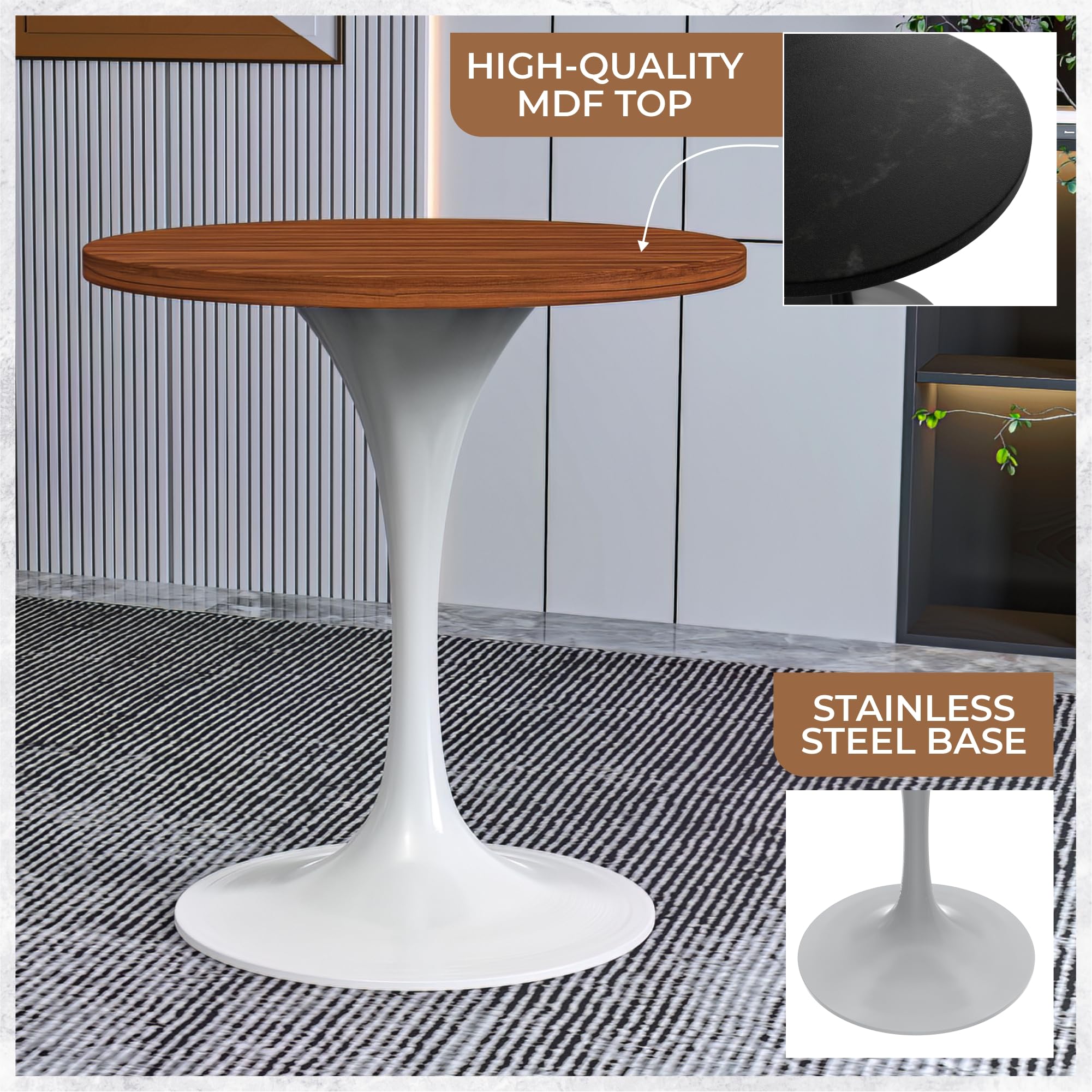 Mid-Century Modern 27 Inch Round Dining Table, MDF Wood Tabletop with White Steel Pedestal Base, Contemporary Kitchen & Dining Room, Small Space Breakfast Table, Cognac Brown