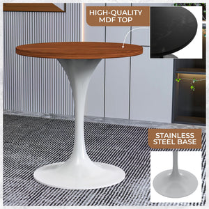 Mid-Century Modern 27 Inch Round Dining Table, MDF Wood Tabletop with White Steel Pedestal Base, Contemporary Kitchen & Dining Room, Small Space Breakfast Table, Cognac Brown