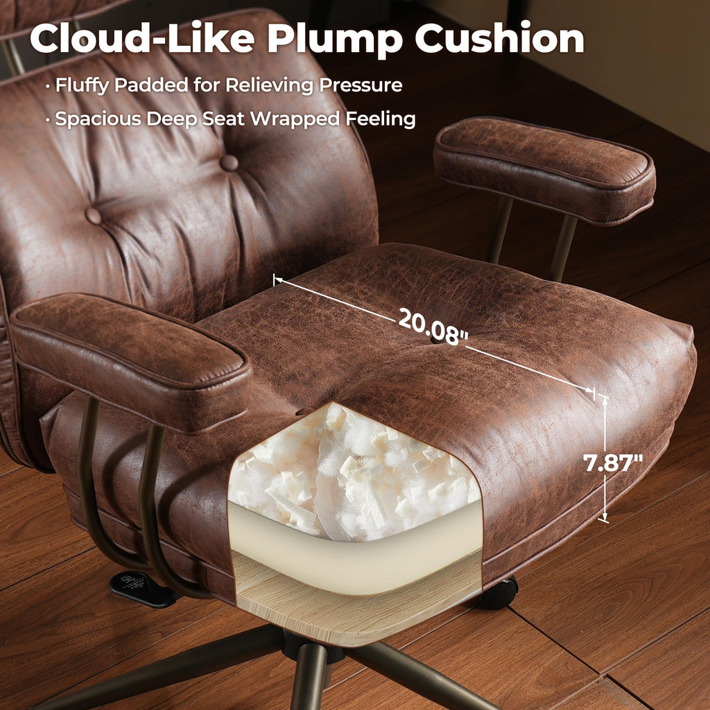 Ergonomic Office Chair, High Back Faux Leather Executive Chairs with Thick Cushion, Comfy Mid-Century Modern Swivel Rolling Computer Armchair (Dark Brown, Suede Leather)