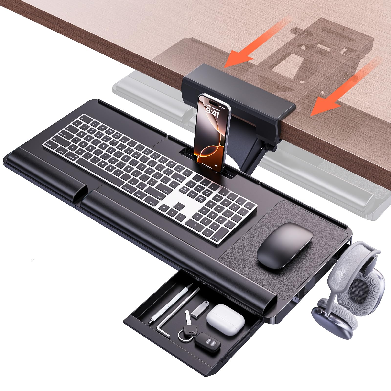 Upgraded Ergonomic Keyboard Tray Under Desk, Adjustable Sliding Keyboard Platform Holder, Keyboard Stand with Wrist Rest & Storage Drawer for Home, Office and Gaming, 24.4