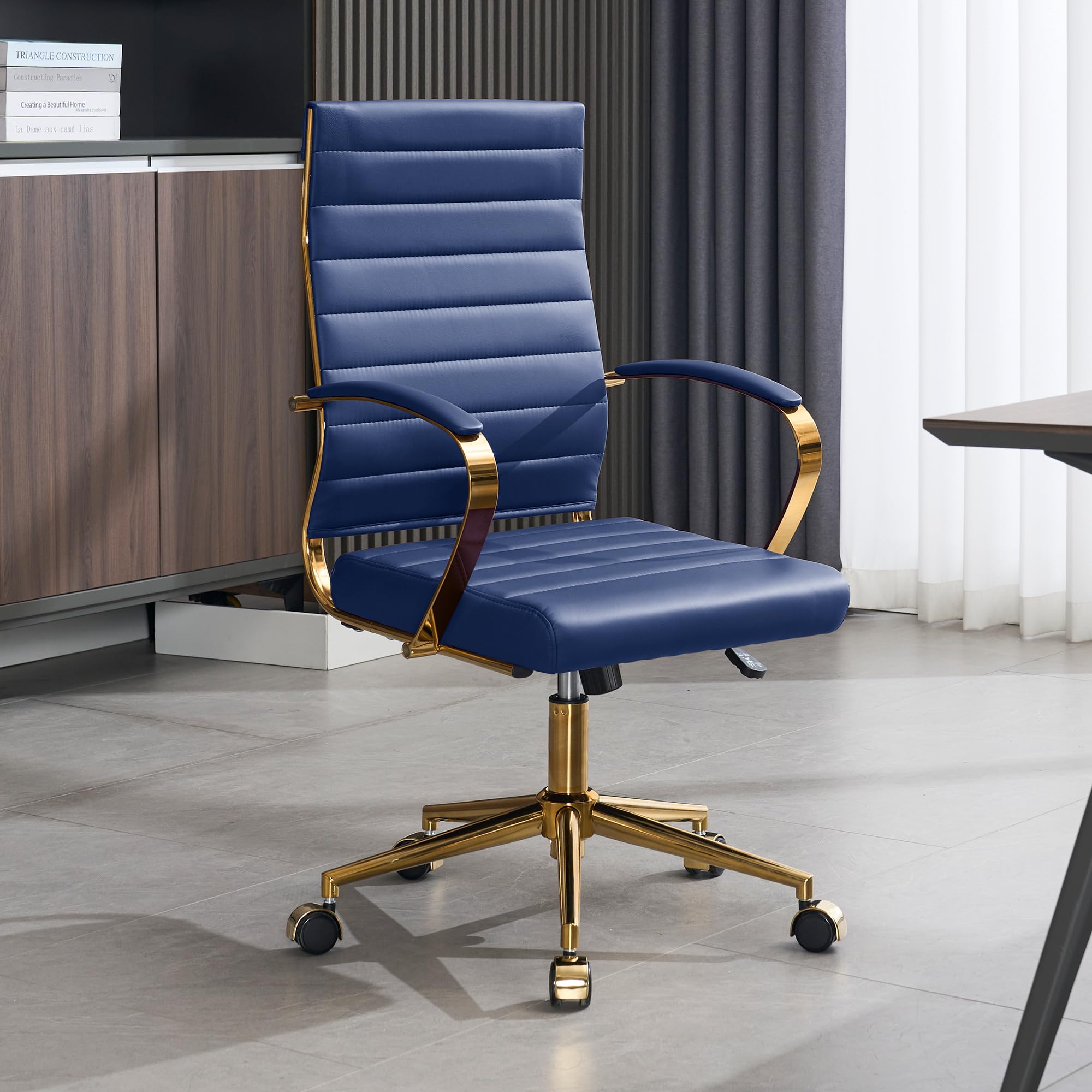 Gold Office Desk Chair, Ergonomic Leather Modern Conference Room Chairs, Executive Ribbed Height Adjustable Swivel Rolling Golden Chair for Home Office.