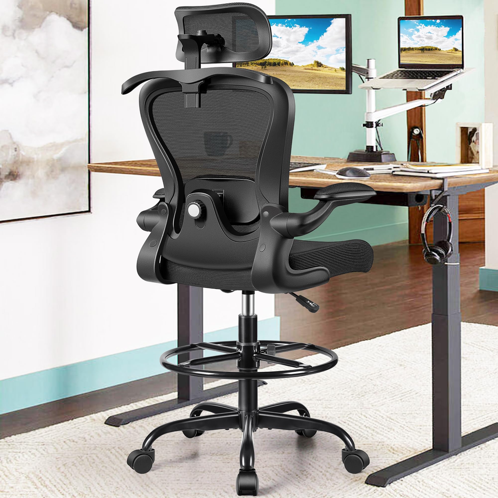 Drafting Chair, Tall Office Chair with 3D Lumbar & Head Support, Ergonomic Mesh Standing Desk Chair with Footring, Comfy Extended High Desk Chair with Flip-Up Arms & Hanger,Black