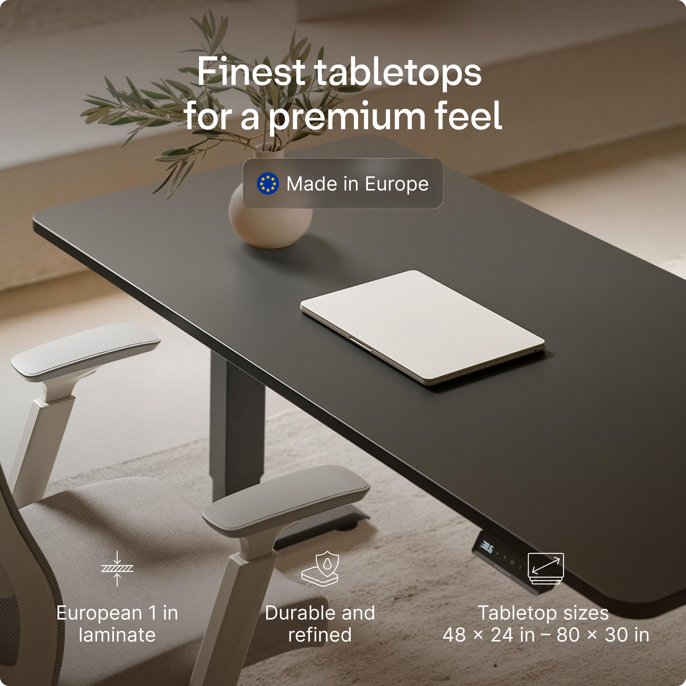 HomePro Standing Desk 70x30 — Made in Europe, Ergonomic Sit Stand Home Office Desk, Electric Height Adjustable, Dual Motor, USB & USB-C Charging, Wobble-Free, Touchscreen, 3 Memory Presets