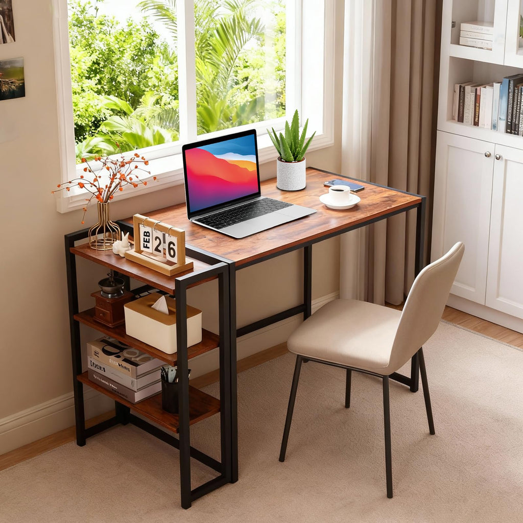 35 inch Folding Desk Writing Computer Desk with Storage Shelf,Spaces Saving Writing Sturdy Table No Assembly,for for Bedroom, Home Office, Dorm, Apartment, Brown