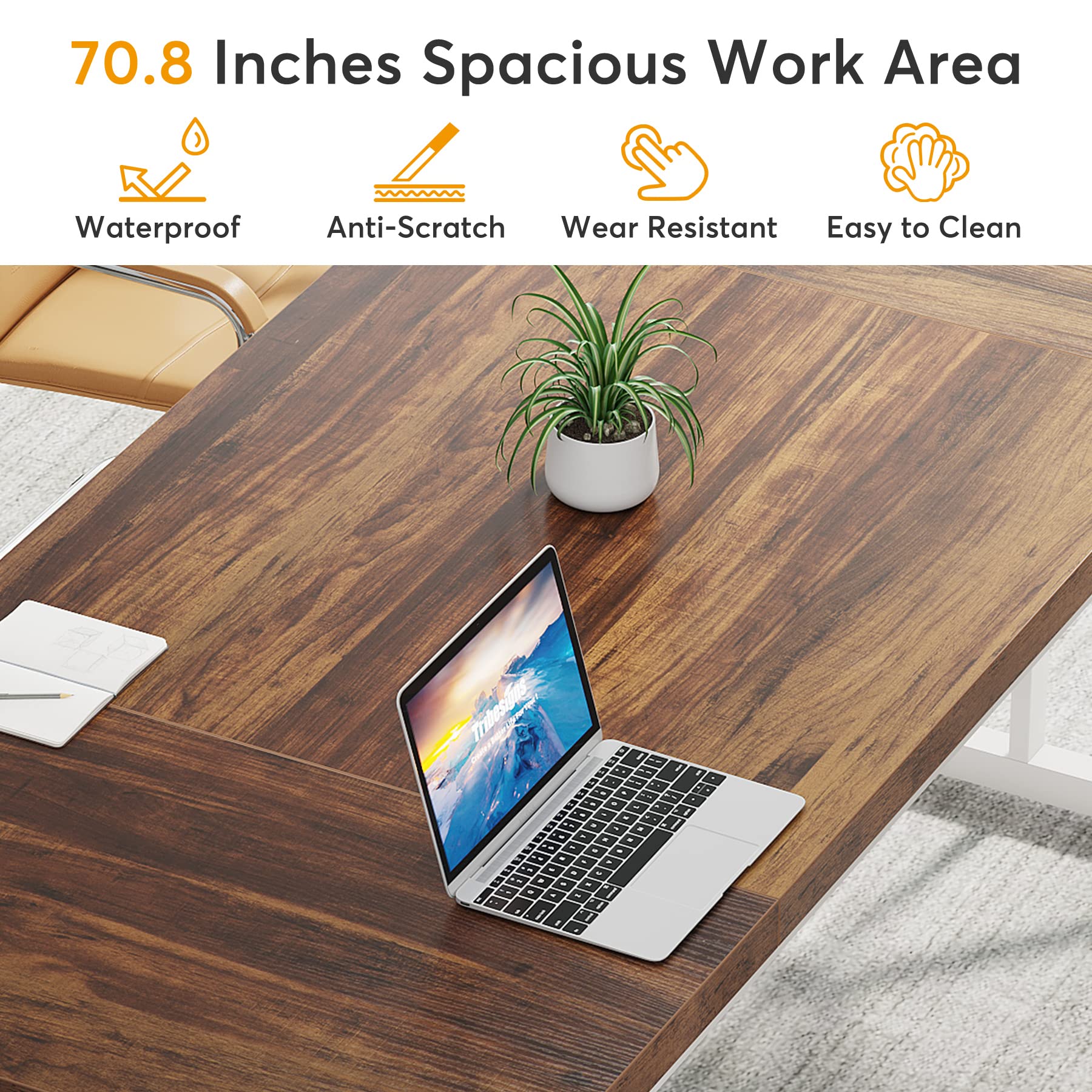 70.8-Inch Executive Desk, Large Computer Office Desk Workstation, Modern Simple Style Laptop Desk Study Writing Table Business Furniture for Home Office (Brown/White, 70.8 Inch)