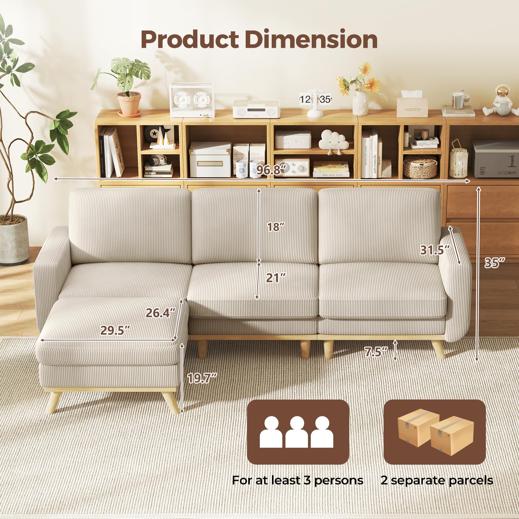 97" Modular Sectional Sofa Light Gray, L-Shaped Couch with Movable Ottoman, Comfy Corduroy Couch with Spring Cushion, Modular Sofa with Deep Seat for Living Room, Bedroom and Apartment