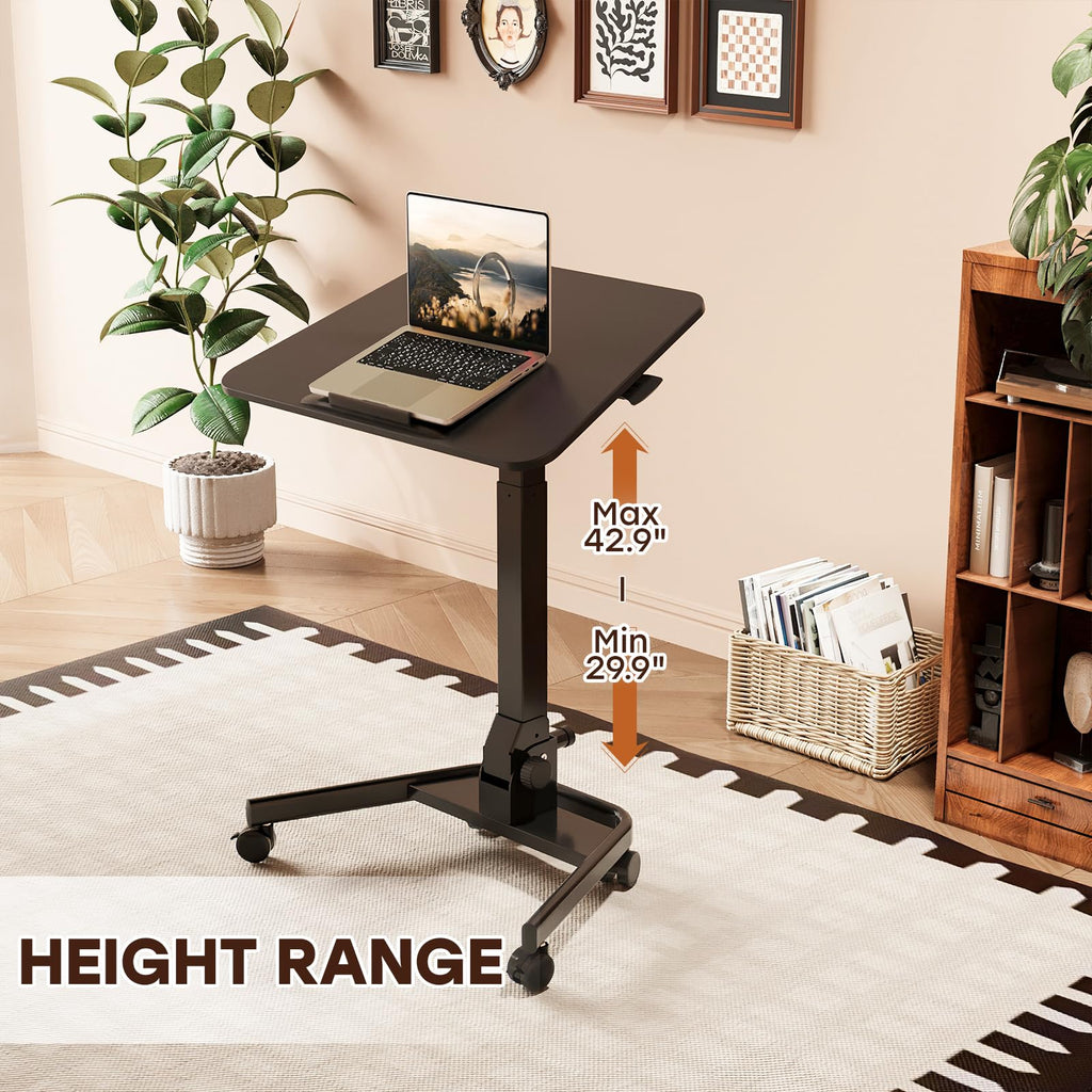 Foldable Mobile Standing Desk, Pneumatic Height Adjustable Rolling Sit Stand Desk, 90° Tiltable Portable Laptop Cart on Wheels, Mobile Desk Workstation for Home Office, Easy to Fold