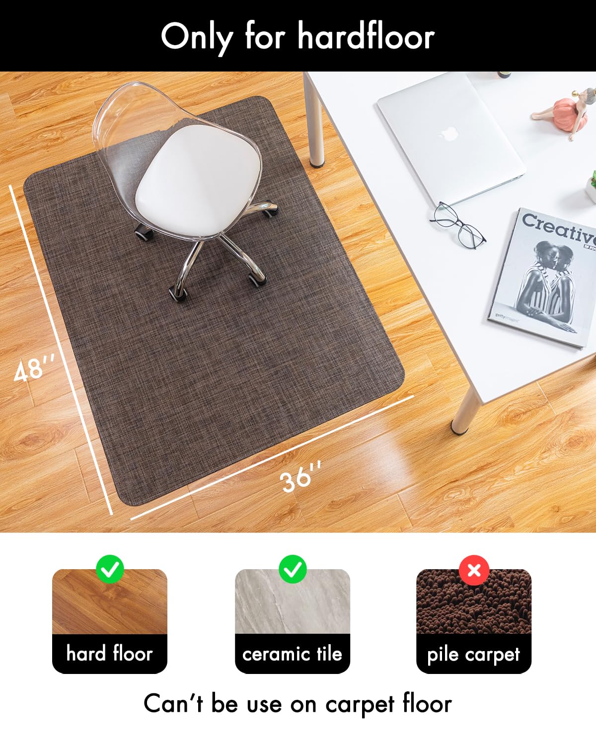 Office Chair Mat for Hardwood Floor Under Desk Computer Rolling Chair Mat for Wood/Tile Floor Non-Slip Heavy Duty Desk Rug PVC Plastic Hard Floor Protector 36" x 48" (Dark Walnut)