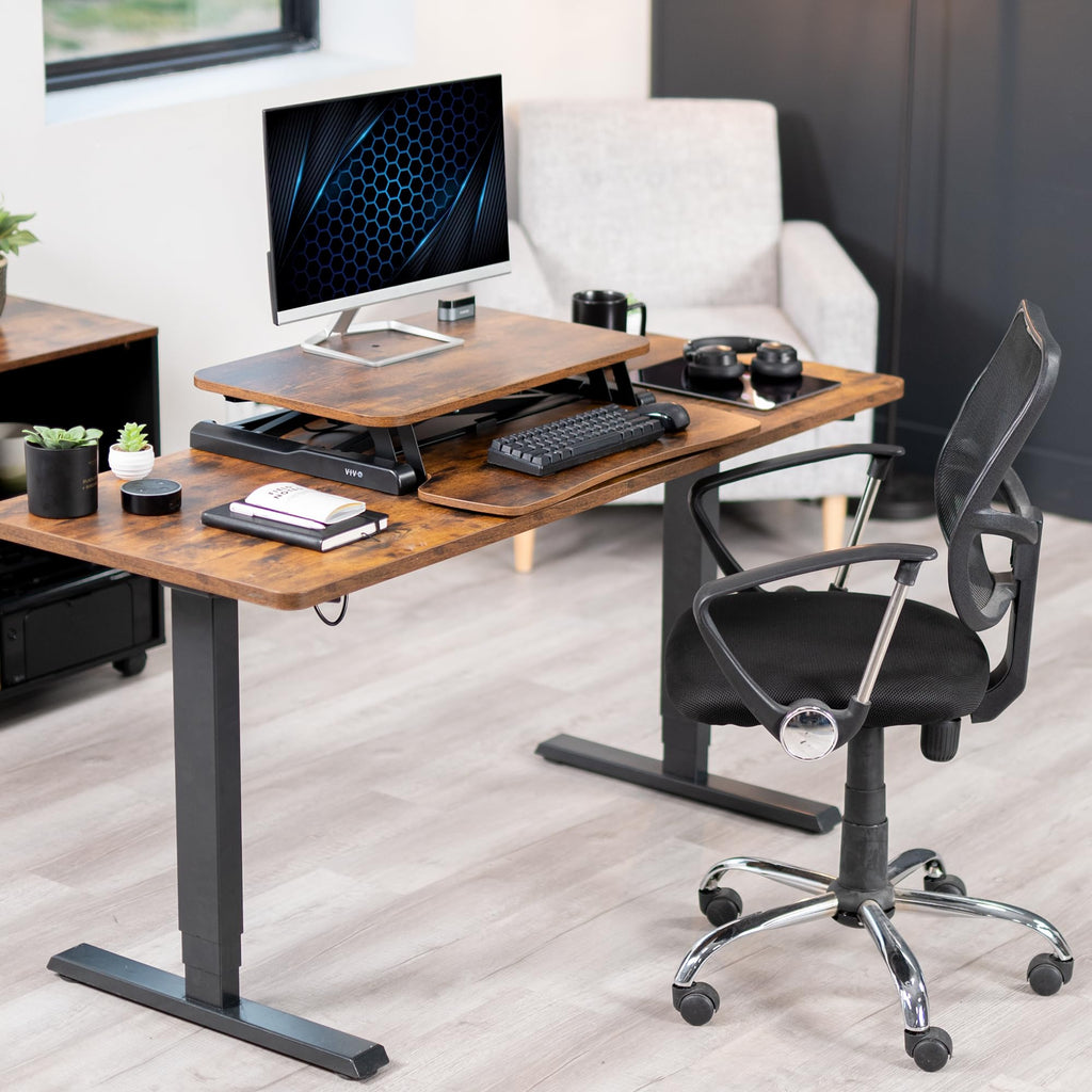 26 inch Desk Converter, K Series, Height Adjustable Sit to Stand Riser, Dual Monitor and Laptop Workstation with Keyboard Tray, Rustic Vintage Brown Top, Black Frame, DESK-V026KN