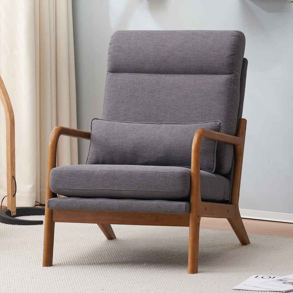High Back Dark Grey Accent Chairs Set of 2, Upholstered Mid Century Modern Lounge Chairs Reading Chairs Side Sitting Chair Solid Wood Farmhouse Armchairs for Living Room, Bedroom, Guest Room