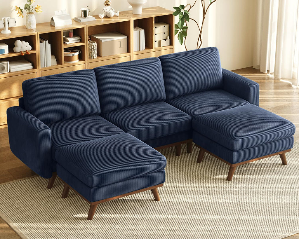 97" Modular Sectional Sofa Dark Blue, U-Shaped Couch with Movable Ottoman, Comfy Corduroy Couch with Spring Cushion, Modular Sofa with Deep Seat for Living Room, Bedroom and Apartment
