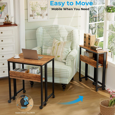 Folding Desk with Wheels, 24.8 Inch Compact Rolling Computer Table with Storage Shelf, Portable Mobile Workstation for Small Spaces, Easy Assembly,Walnut