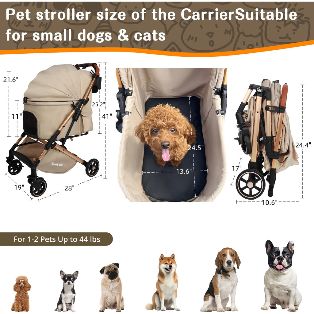 Pet Stroller with One-Click Folding & Storage Basket, for Small and Medium Dogs Up to 44lbs, Secure Zip Mesh Entry, Breathable & Washable for Cats