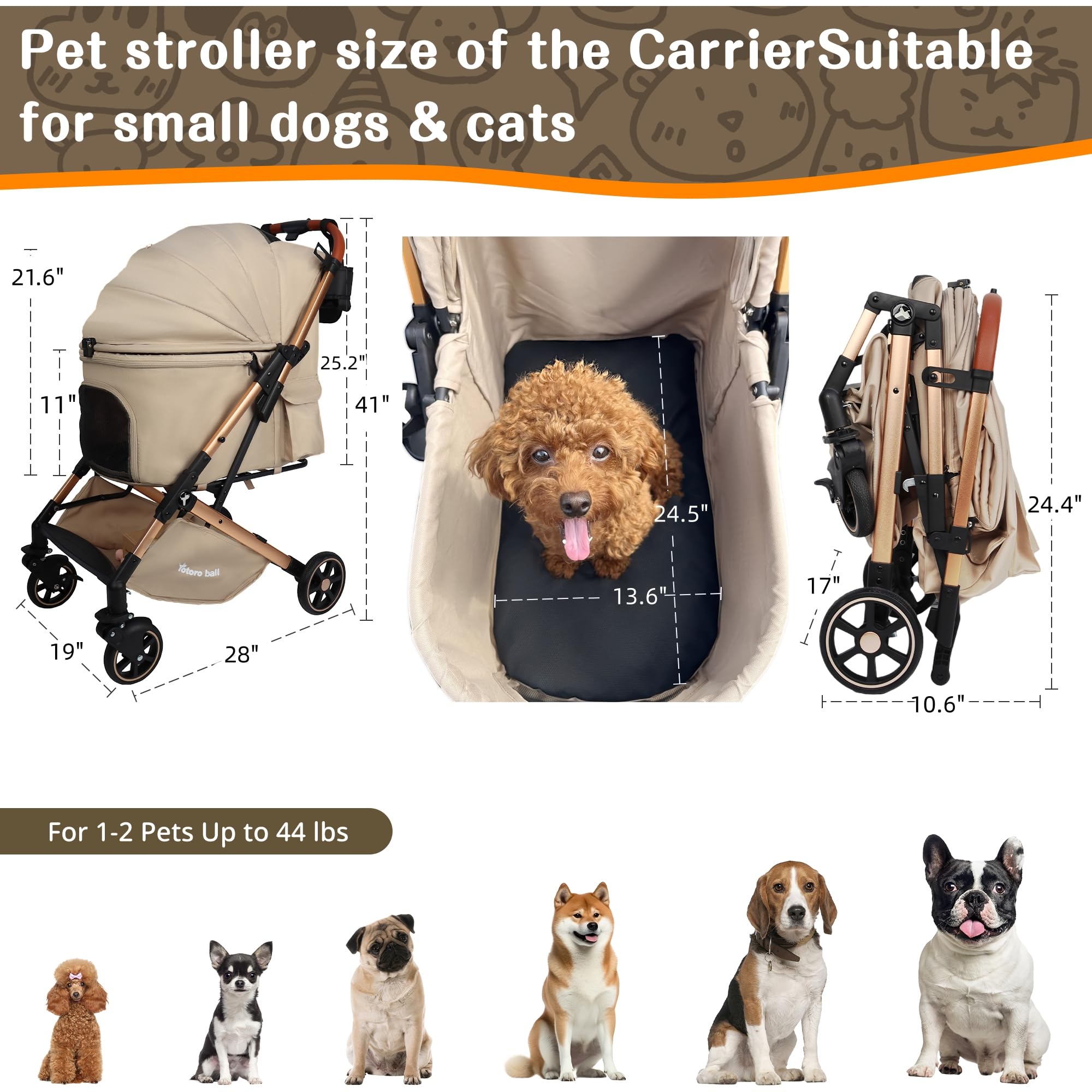 Pet Stroller with One-Click Folding & Storage Basket, for Small and Medium Dogs Up to 44lbs, Secure Zip Mesh Entry, Breathable & Washable for Cats
