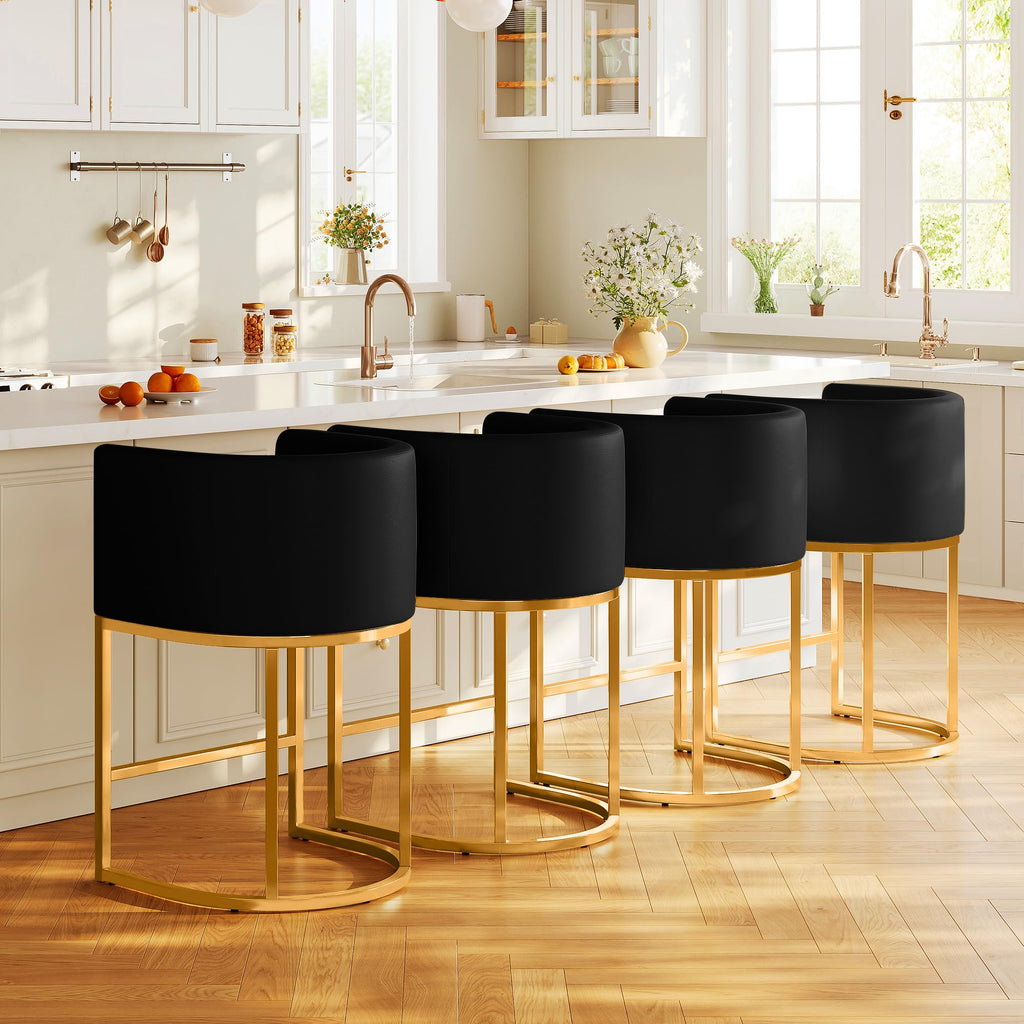 Modern Counter Height Bar Stools,Bar Stools Set of 4,PU Leather Upholstered Barrel Barstools with Backs,26'' Kitchen Island Chairs,Metal Gold Frames,Black Leather