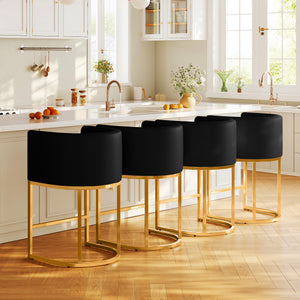 Modern Counter Height Bar Stools,Bar Stools Set of 4,PU Leather Upholstered Barrel Barstools with Backs,26'' Kitchen Island Chairs,Metal Gold Frames,Black Leather