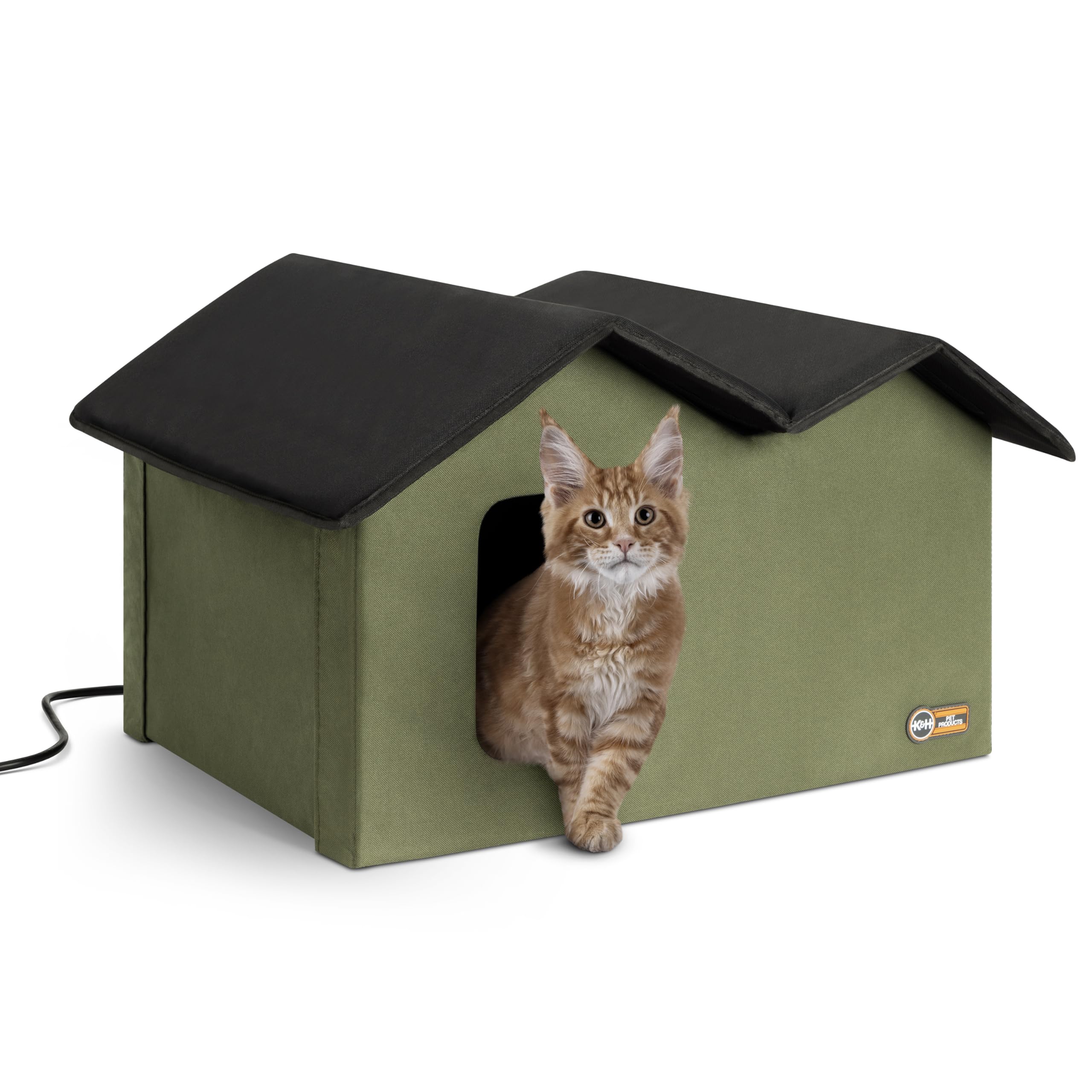 Extra-Wide Heated Cat House for Outside, Outdoor Cat House with 2 Safe Escape Doors, Weatherproof Insulated Stray & Feral Shelter with Waterproof Heated Bed, Safety Listed - Olive