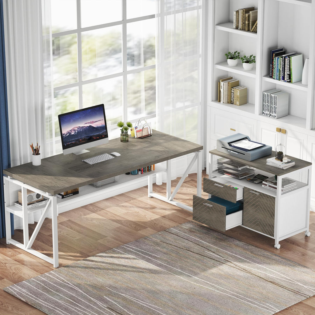 L Shaped Desk with Drawer Cabinet, 63" Executive Computer Desk and lateral File Cabinet, 2 Piece Home Office Furniture with (Dark Oak, 63-inches)