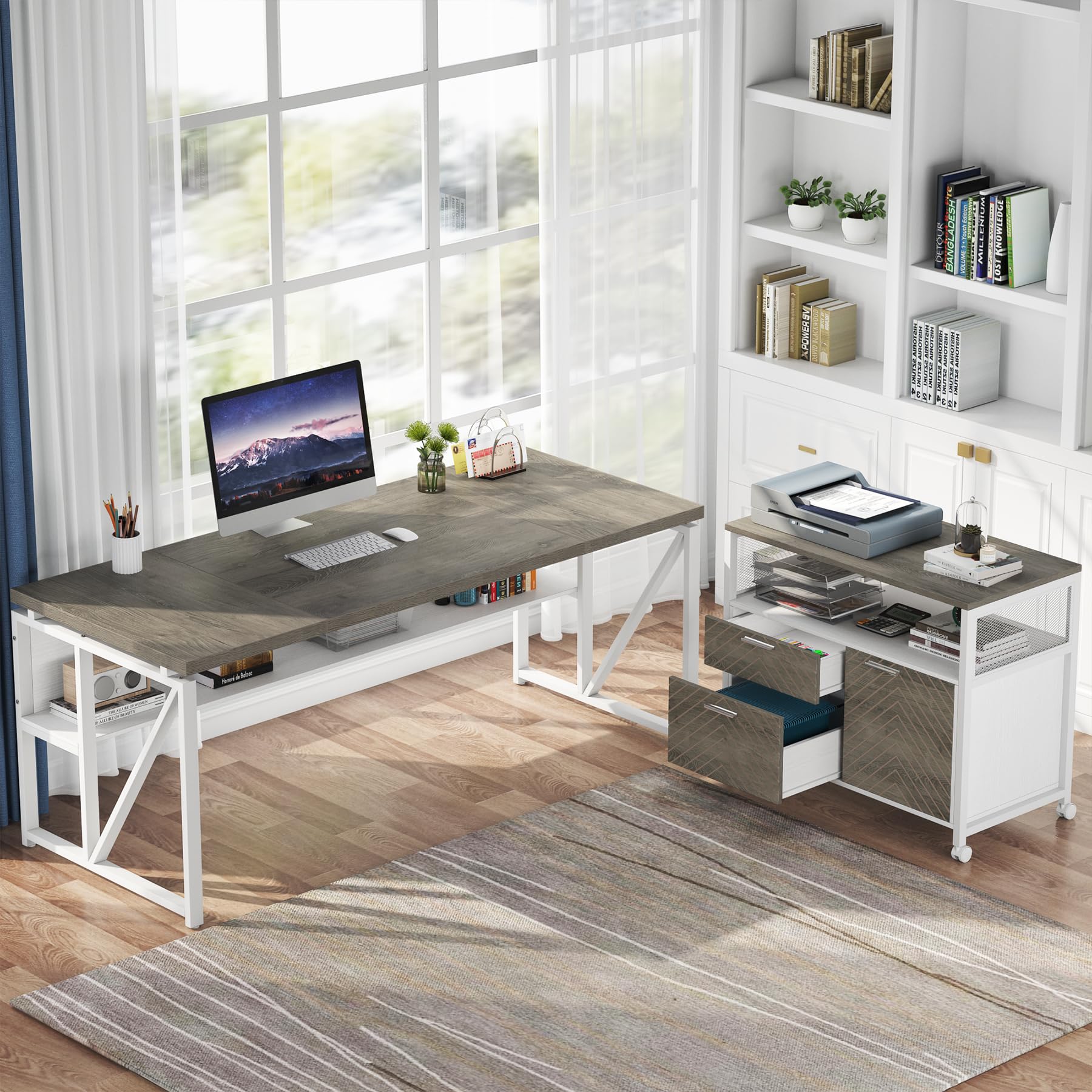 L Shaped Desk with Drawer Cabinet, 63" Executive Computer Desk and lateral File Cabinet, 2 Piece Home Office Furniture with (Dark Oak, 63-inches)