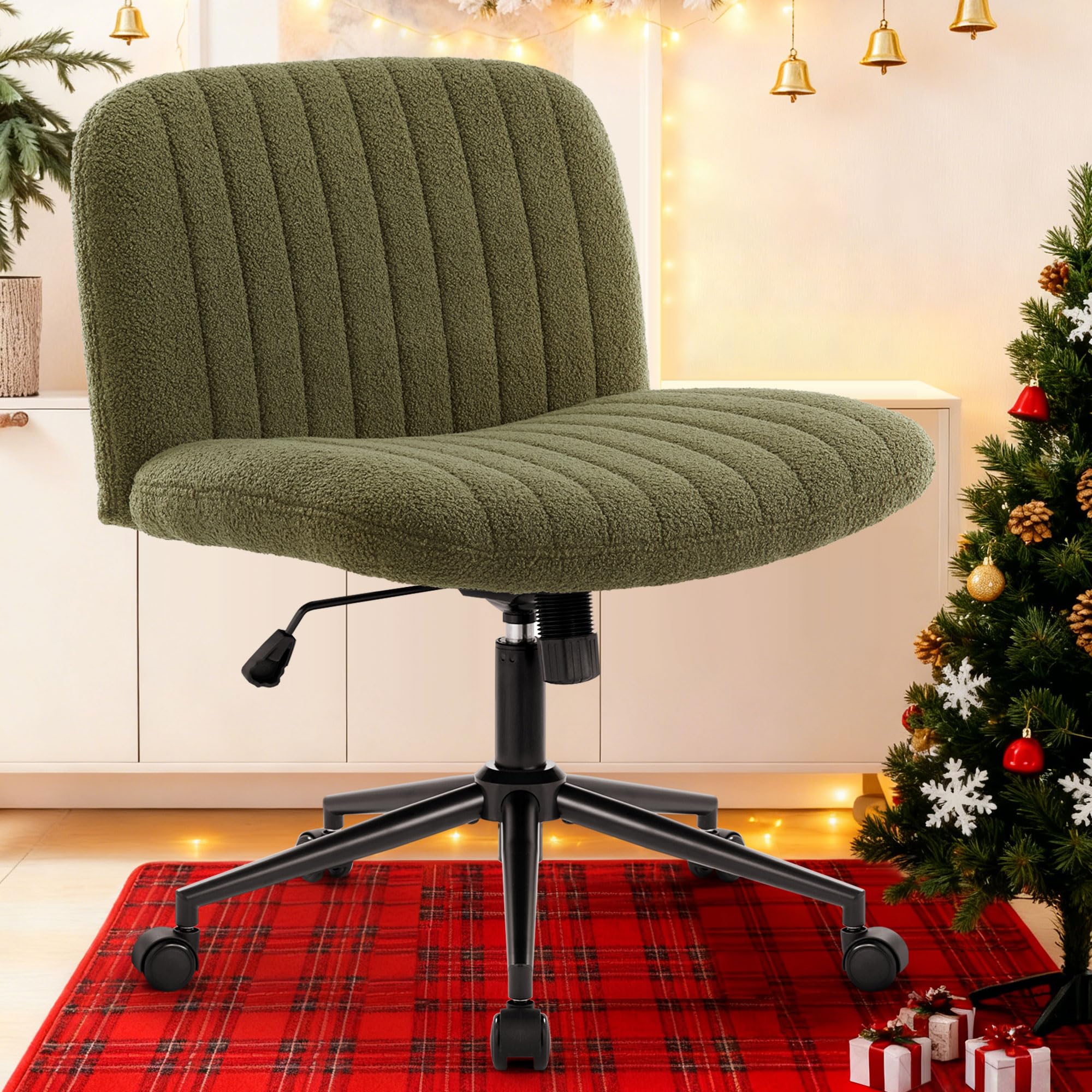 Criss Cross Chair Cross Legged Office Chair with Wheels Armless Wide Seat Desk Chairs Height Adjustable Computer Task Chairs Swivel Vanity Chair for Home Office Bedroom Make Up Small Space Green