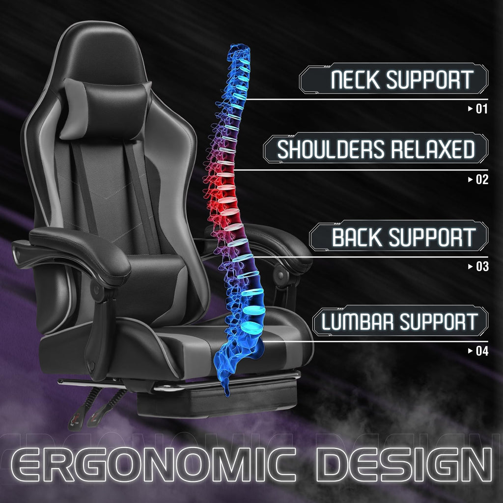 Gaming Chair, Video Game Chair with Footrest and Massage Lumbar Support, Ergonomic Computer Chair Height Adjustable with Swivel Seat and Headrest (Grey)