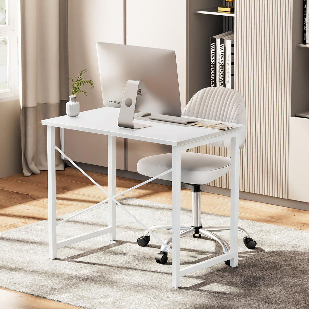 Computer Small Office Desk 32 Inch Student Study Writing Work with Metal Frame Wood Tabletop Modern Simple PC Home Bedroom Table, Computer Table, White