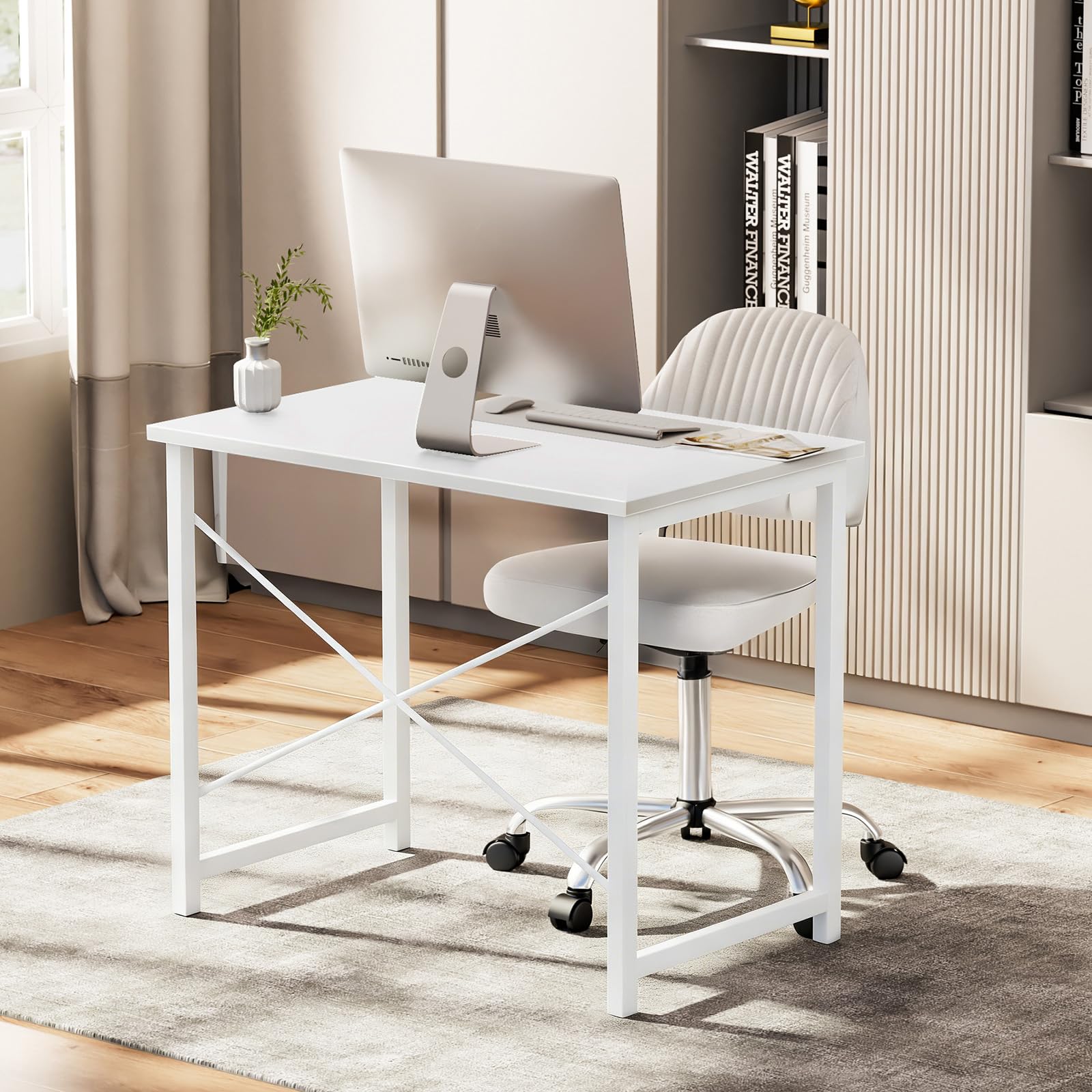 Computer Small Office Desk 32 Inch Student Study Writing Work with Metal Frame Wood Tabletop Modern Simple PC Home Bedroom Table, Computer Table, White