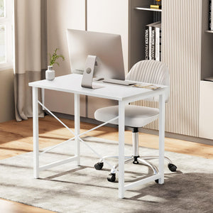 Computer Small Office Desk 32 Inch Student Study Writing Work with Metal Frame Wood Tabletop Modern Simple PC Home Bedroom Table, Computer Table, White