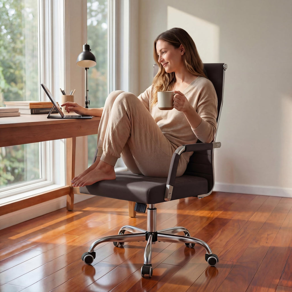 Ergonomic Office Desk Chair, Executive Ribbed Mid-Back PU Leather Conference Room Chair Adjustable Swivel Chair with Arms (2, Brown)
