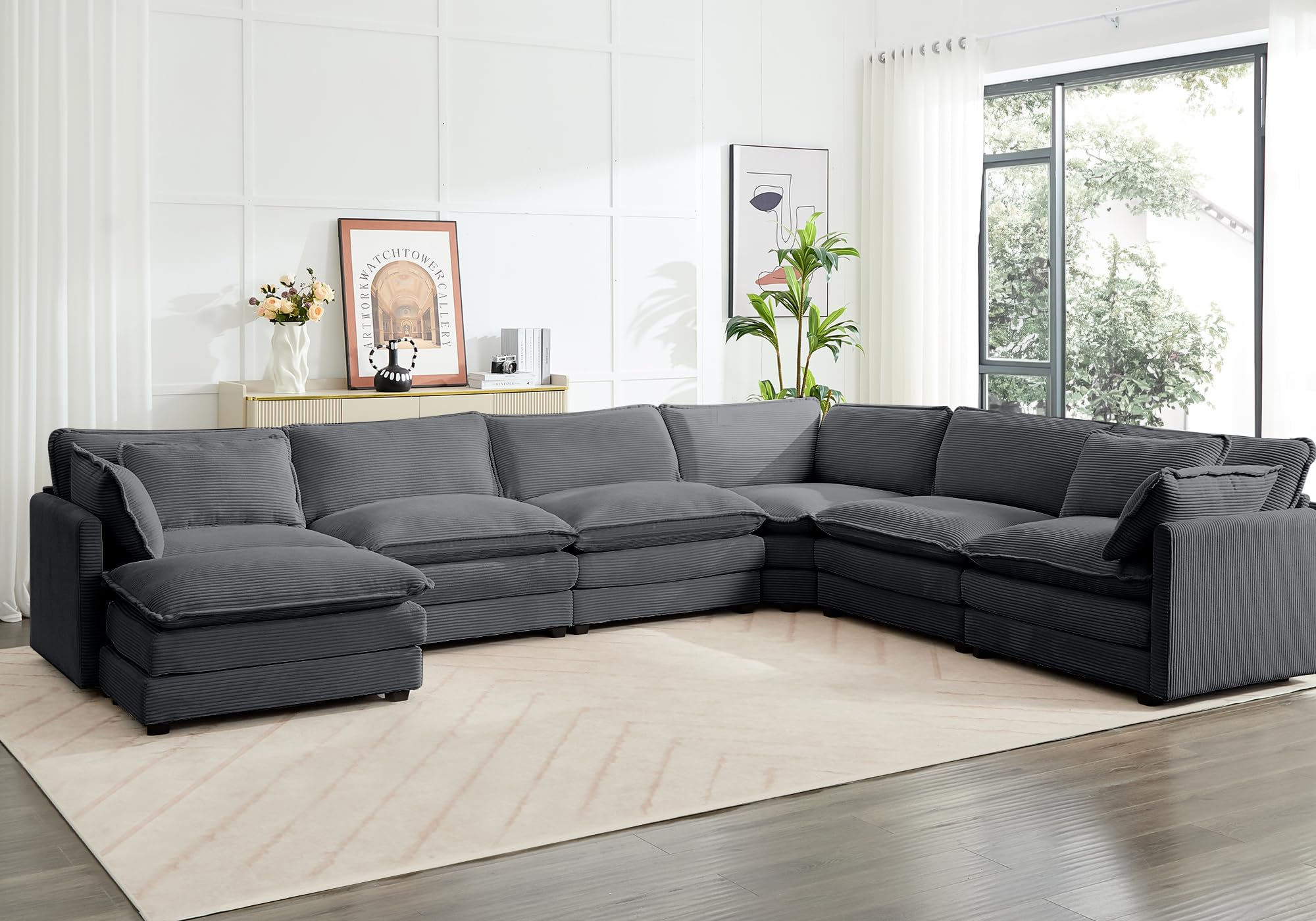 150'' Modular Sectional Corner Cloud Couch, 7 Seater Sofa Big Comfy Corduroy V Shaped Couch with 4 Throw Pillows, Movable Ottoman, Couches for Living Room Office Dark Grey