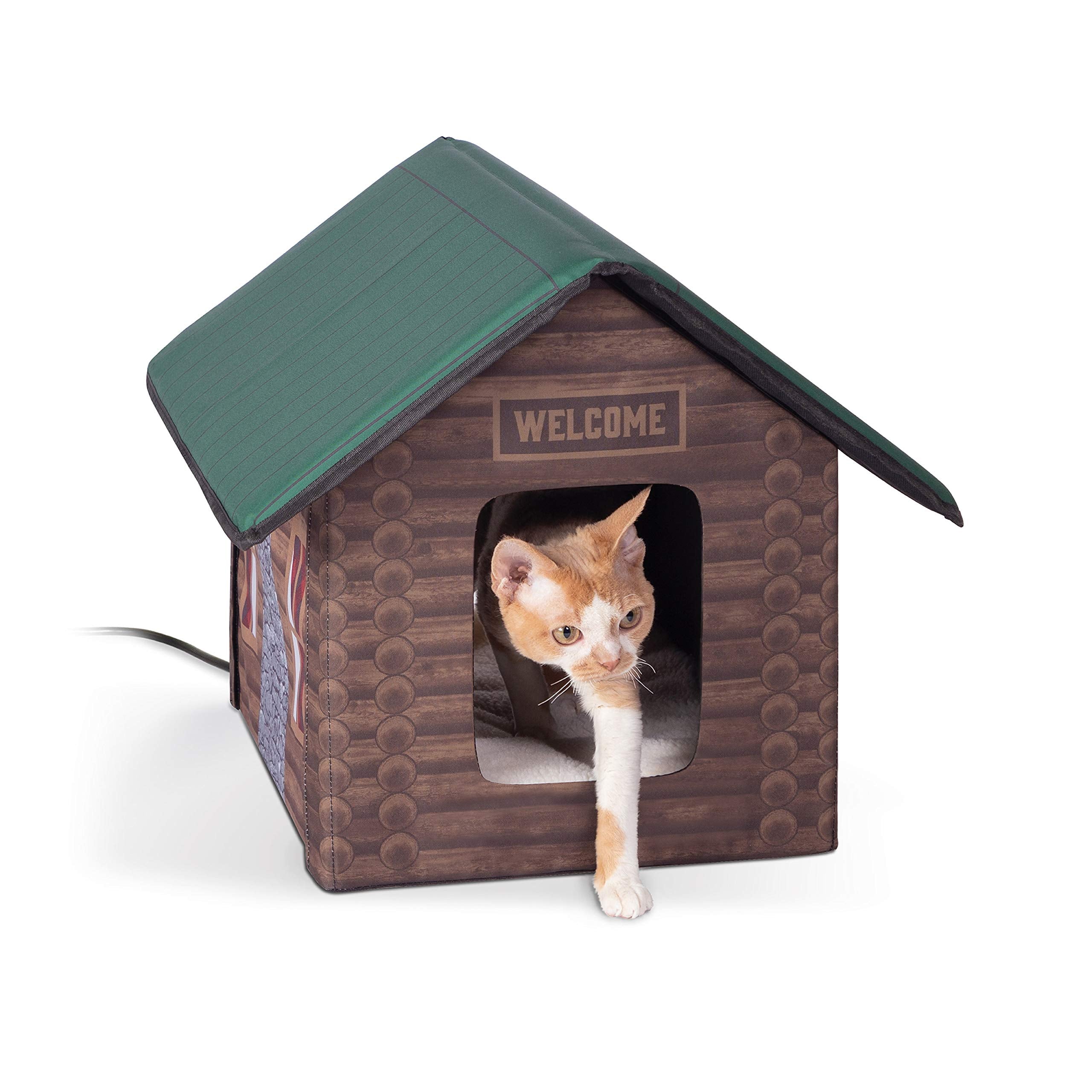Heated Outdoor Cat House for Outside Pets in Winter, Weatherproof Outdoor House for Ferals, Insulated Kitty Shelter, 2 Doors, Waterproof Heated Cat Bed, Safety Listed - Log Cabin 20W