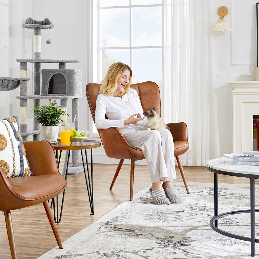 Accent Chairs, Large PU Leather High-Back Chair w/Metal Legs, Pottery Barn Style Living Room Chairs for Bedroom/Home Office, Camel