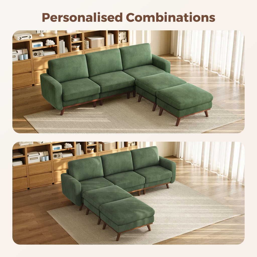 97" Modular Sectional Sofa Green, U-Shaped Couch with Movable Ottoman, Comfy Corduroy Couch with Spring Cushion, Modular Sofa with Deep Seat for Living Room, Bedroom and Apartment