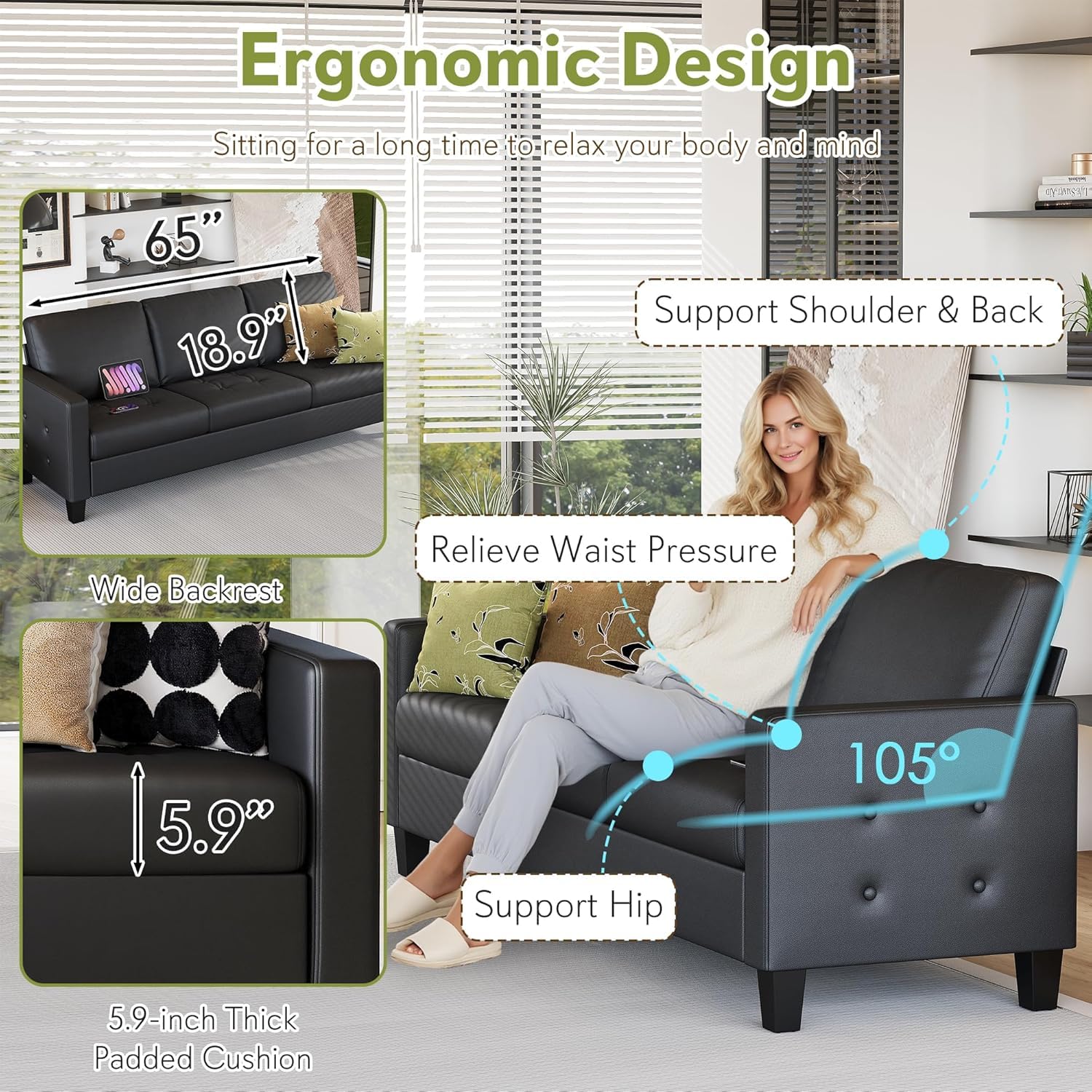 73” Black Faux Leather Couch, Modern Comfy Office 3 Seater Sofa Couch with Tufted Armrest and USB, Small Loveseat Couches for Living Room, Apartment, Bedroom