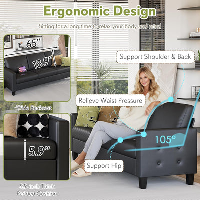 73” Black Faux Leather Couch, Modern Comfy Office 3 Seater Sofa Couch with Tufted Armrest and USB, Small Loveseat Couches for Living Room, Apartment, Bedroom